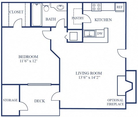 Floor plan for 1 bed, 1 bath, 614 sqft
